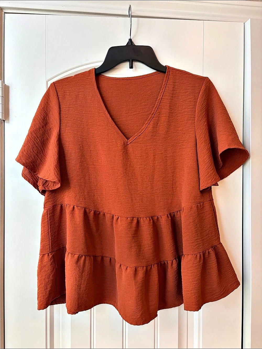 SHEIN Women's Tiered V-Neck Blouse Orange Small